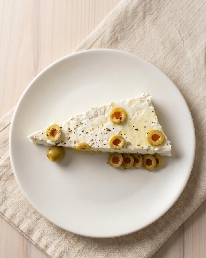 Slice of Purism stuffed olive oil cheese served with green olives and grapes